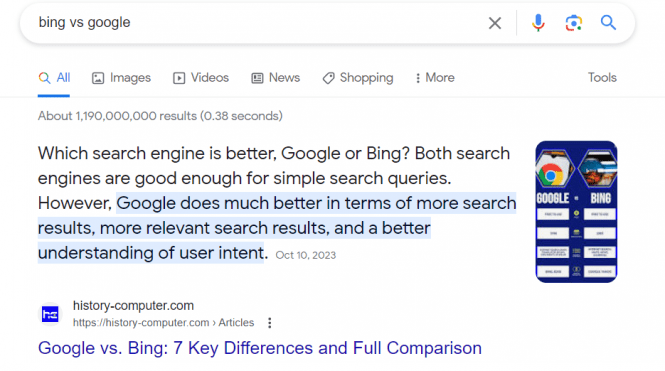 A Google search snippet. Snapshot from the respective Google SERP
