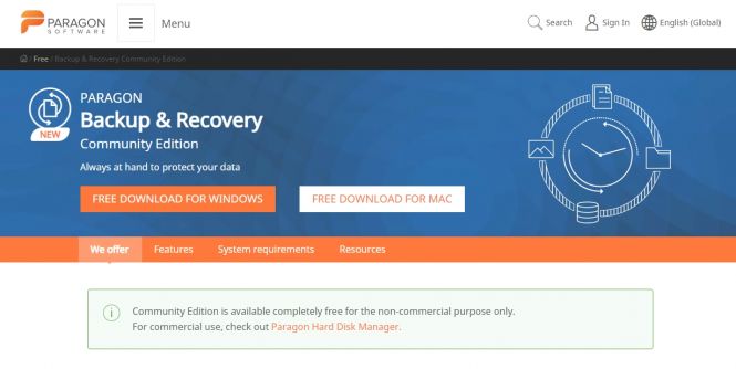Paragon Backup and Recovery Community Edition, data backup program for Windows