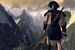 An Aquilonian character in Age of Conan gazing at the snowy mountains of northern Cimmeria.