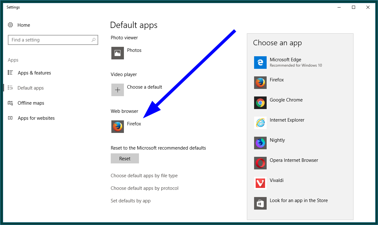 default app settings windows 10