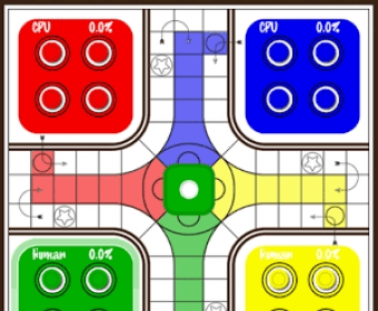 An example of a Ludo board (left), Screenshot of a game in