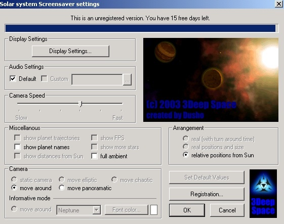 3D Solar System Screensaver : Main Screen