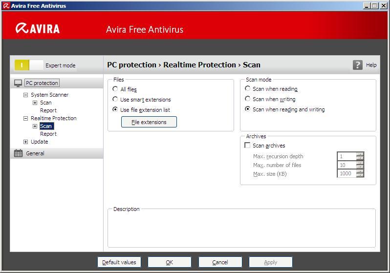 Avira Free Antivirus 12.0 : Real-Time Protection Settings