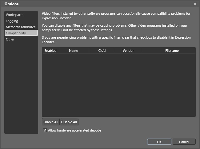 Microsoft Expression Encoder : Option Window