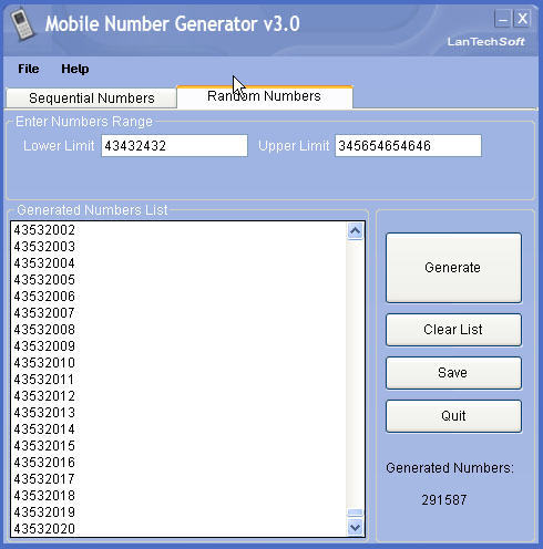 Mobile Number Generator 3.0 : Main screen