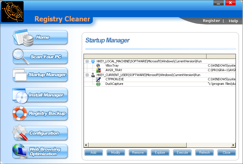 Registry Cleaner Optimizer 7.7 : Startup Manager