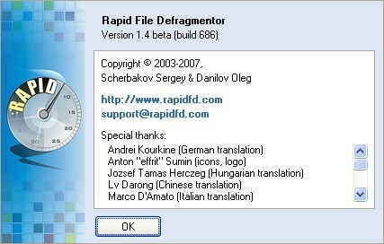 Rapid File Defragmentor 1.4 beta : About