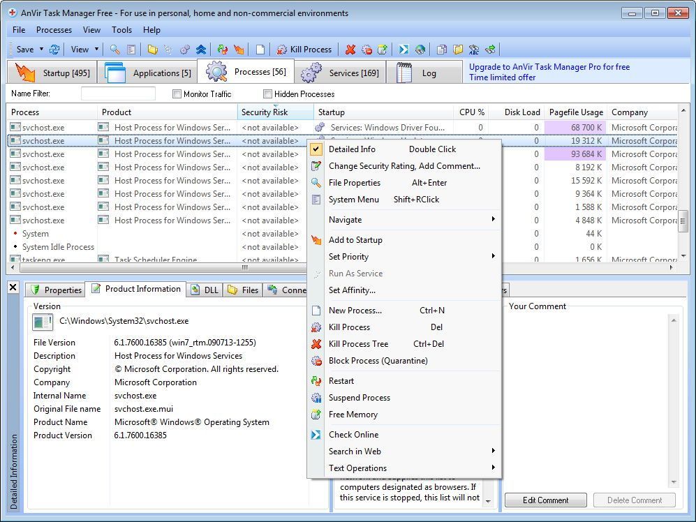 AnVir Task Manager Free 7.5 : Processes Window With Context Menu