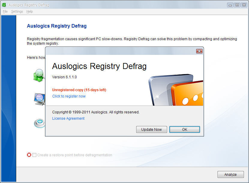 AusLogics Registry Defrag 6.1 : Main window
