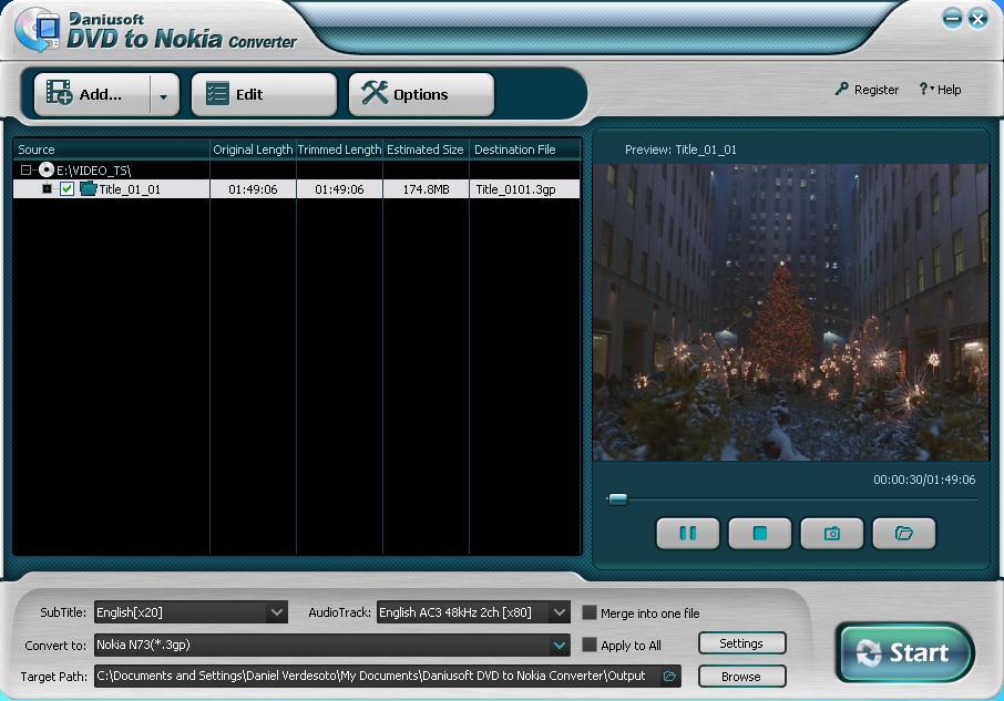 Daniusoft DVD to Nokia Converter 1.8 : Main Window