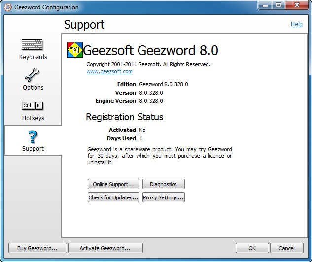 GeezWord 8.0 : Configuration window