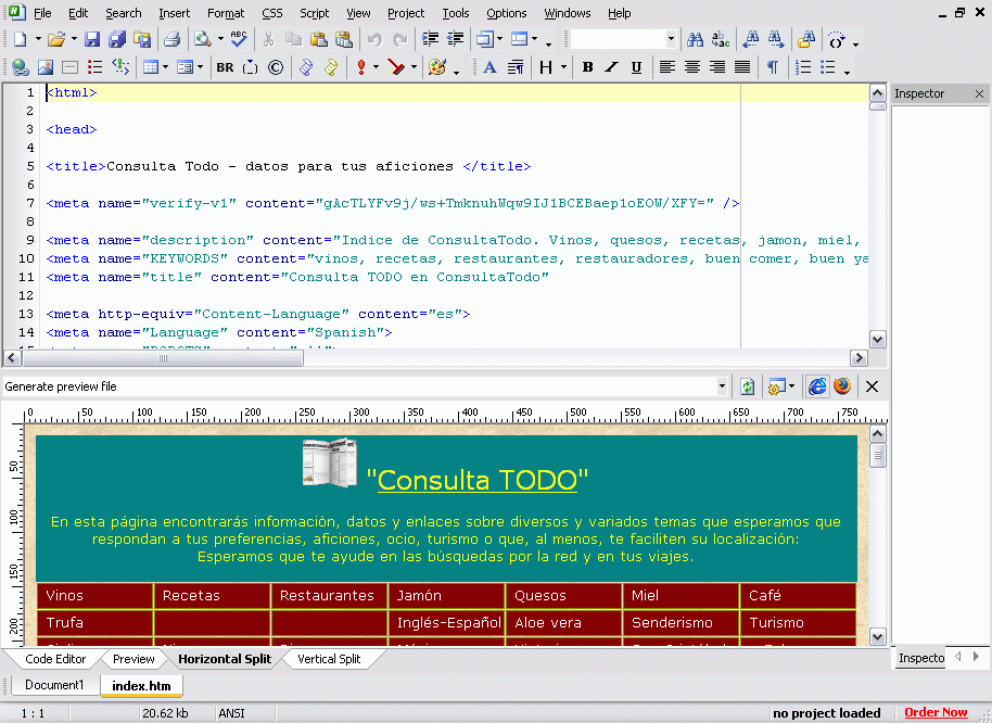 HTMLPad 2007 8.3 : Horizontal split