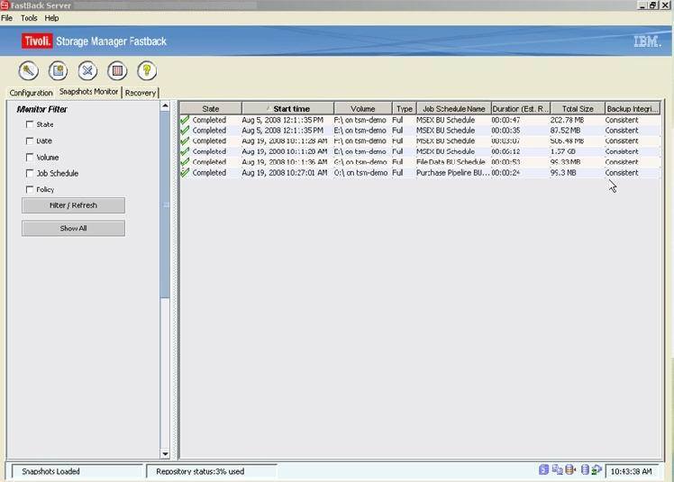 IBM Tivoli Storage Manager FastBack 6.1 : Main Window