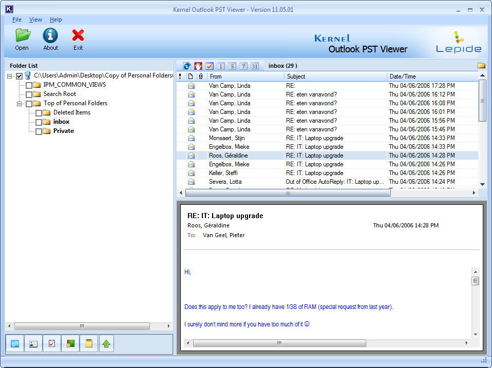 Kernel Outlook PST Viewer 11.0 : Main Window