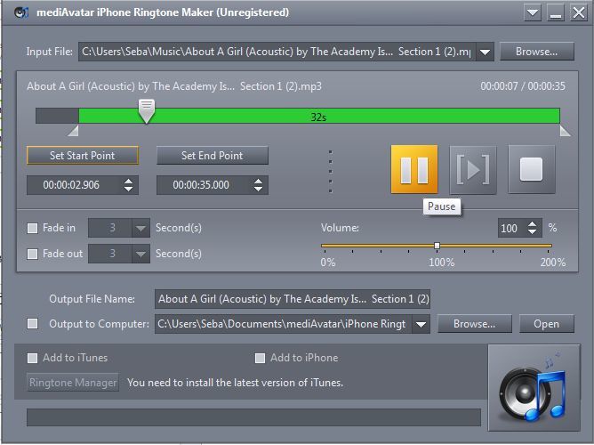 mediAvatar iPhone Ringtone Maker 2.1 : Setting the start point