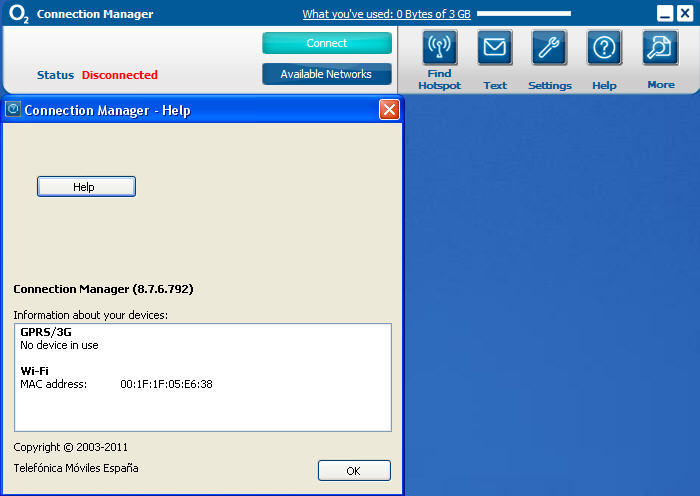 o2 Connection Manager 8.7 : Main window