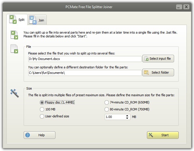 PCMate Free File Splitter Joiner 6.5 : Main Window