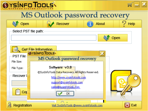SysInfoTools Outlook PST Password Recovery 3.0 : Main window.