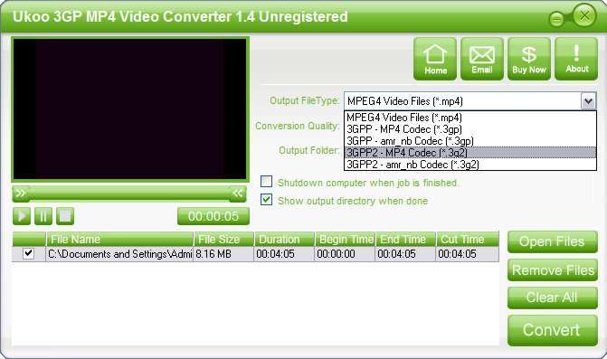 Ukoo 3GP MP4 Video Converter 1.4 : Output file type