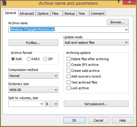 WinRAR 5.4 : Archive Creation Window