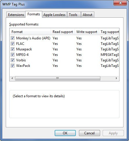 WMP Tag Plus 2.1 : Formats Window
