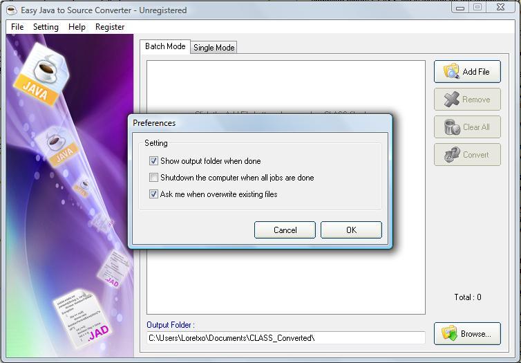 Easy Java to Source Converter 2.3 : Preferences Screen
