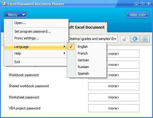 Excel Password Recovery Master 4.0 : The Main Menu