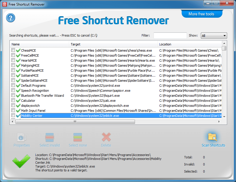 Free Shortcut Remover 5.6 : Main window