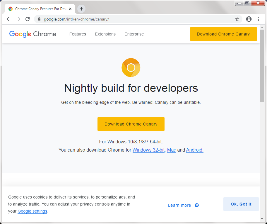Google Chrome Canary 82.0 : Main window
