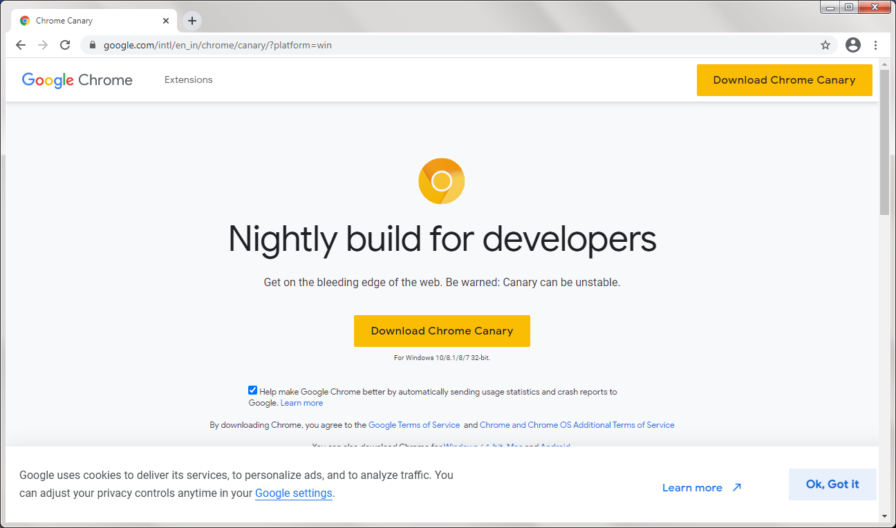Google Chrome Canary 88.0 : Main window