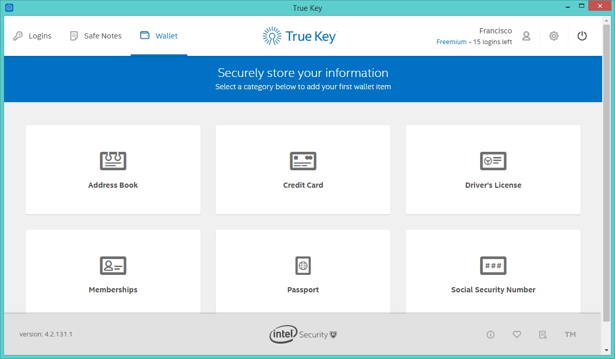 Intel Security True Key 4.3 : Secure Wallet