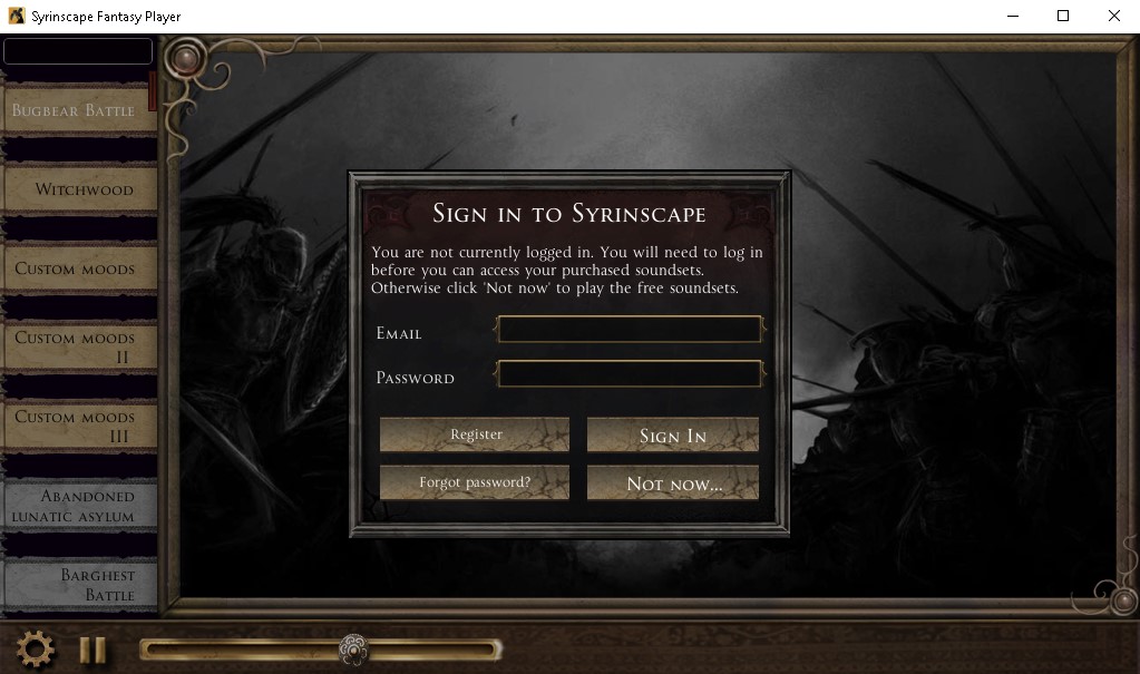 Syrinscape Fantasy Player 1.3 : Main window