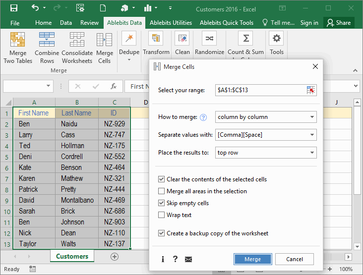 AbleBits.com Merge Cells Wizard for Microsoft Excel 5.0 : Main window