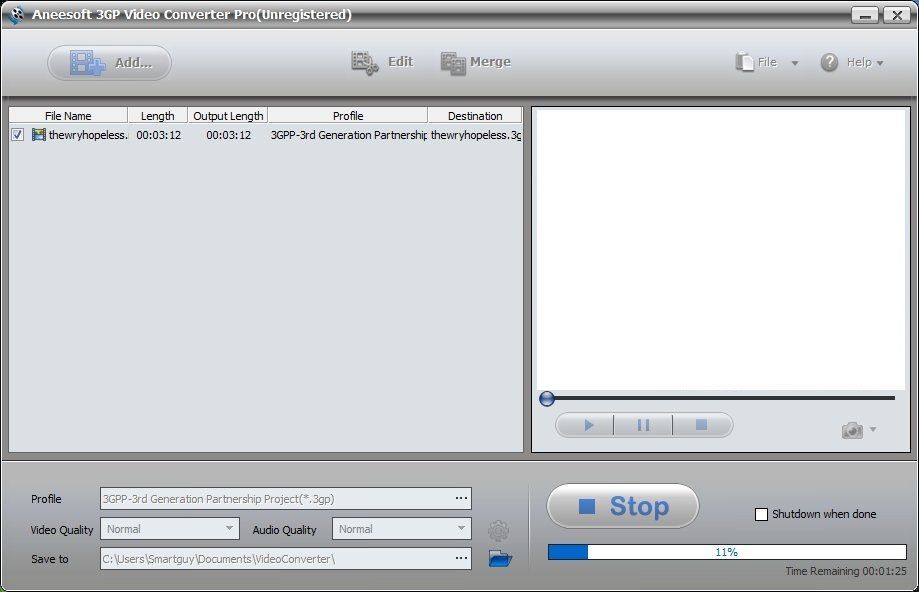 Aneesoft 3GP Video Converter Pro 2.9 : Converting a File