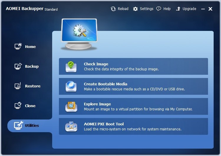 AOMEI Backupper Standard 2.8 : Utilities Menu