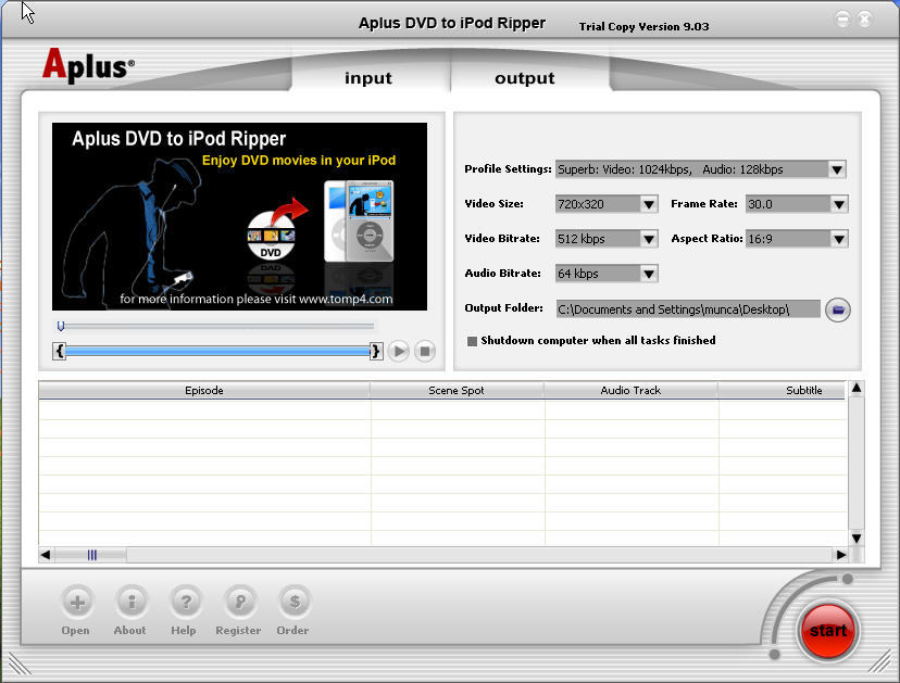 Aplus DVD iPod Ripper 9.0 : Main window