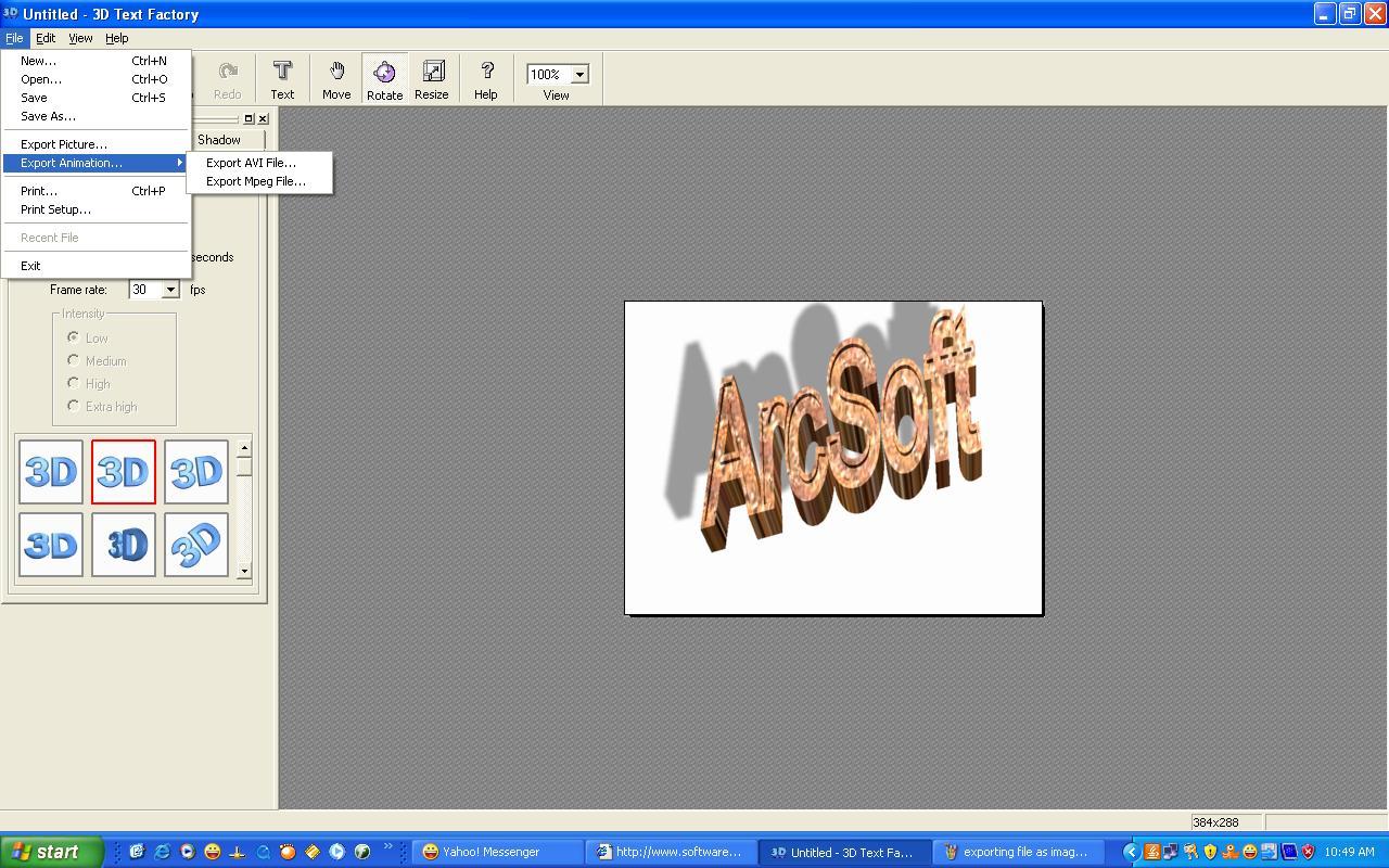 ArcSoft 3D Text Factory 1.0 : Exporting animation file