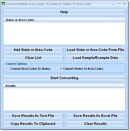Convert Multiple Area Codes To States or States To Area Codes Software 7.0 : Main Window