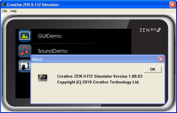 Creative ZEN X-Fi2 Application Development Kit 1.0 : About screen
