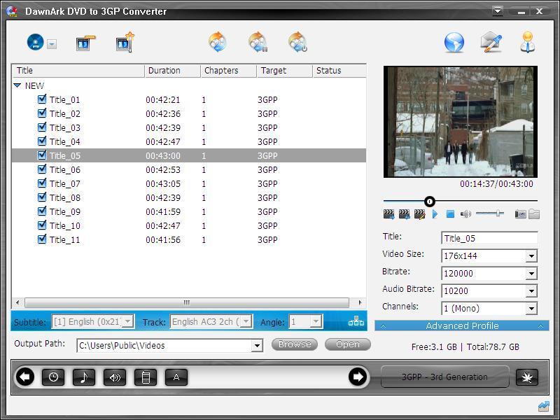 DawnArk DVD to 3GP Converter 1.4 : User Interface