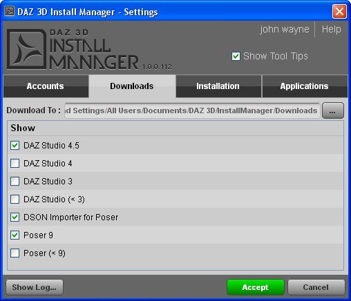 DAZ 3D Install Manager : Downloads Window