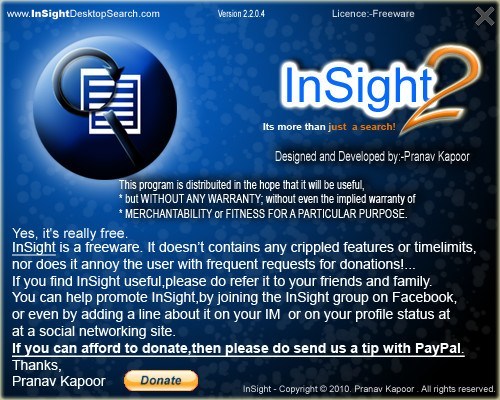 InSight Desktop Search 2.2 : About window