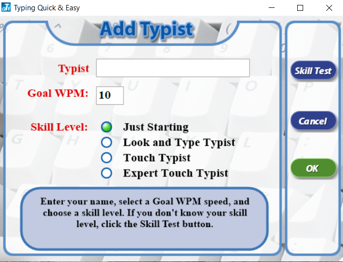 Learn Typing Quick & Easy 17.2 : Add typist screen