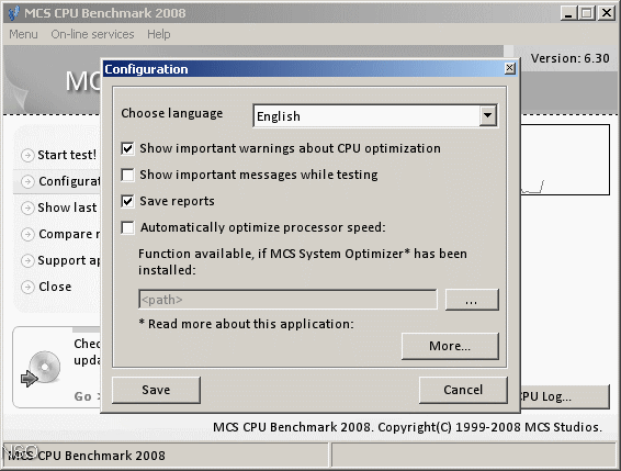 MCS CPU Benchmark 2008 6.3 : Configuration