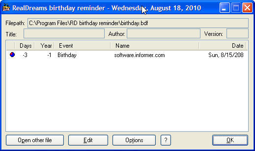 RealDreams Birthday Reminder 2.1 : Main window