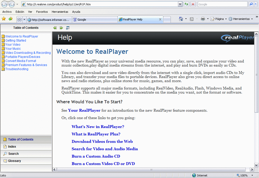 RealPlayer 11.0 : Help page