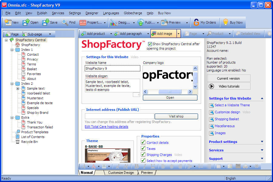 ShopFactory 9.2 : Main screen