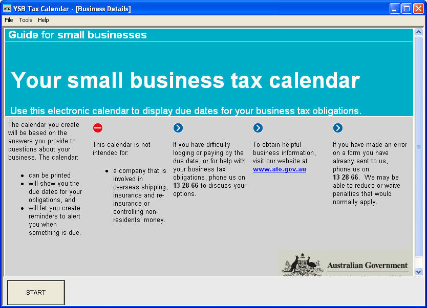 Your small business tax calendar 1.3 : Main Window