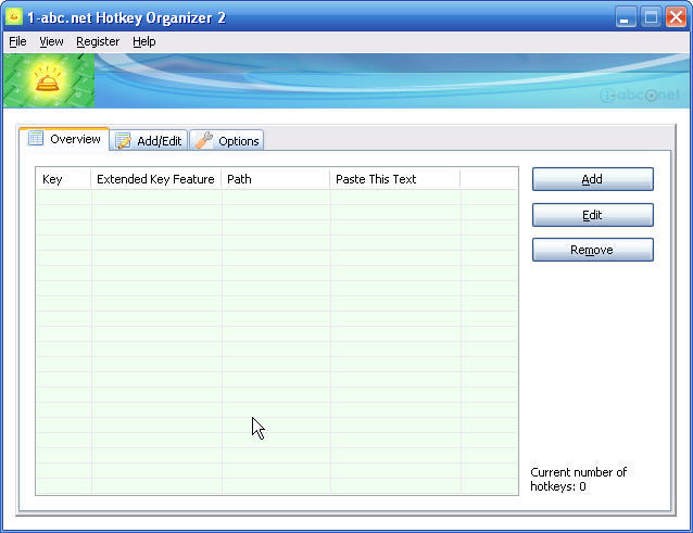 1-abc.net Hotkey Organizer 2.0 : Main screen