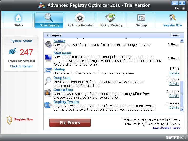 Advanced Registry Optimizer 6.0 : Scan results with logs